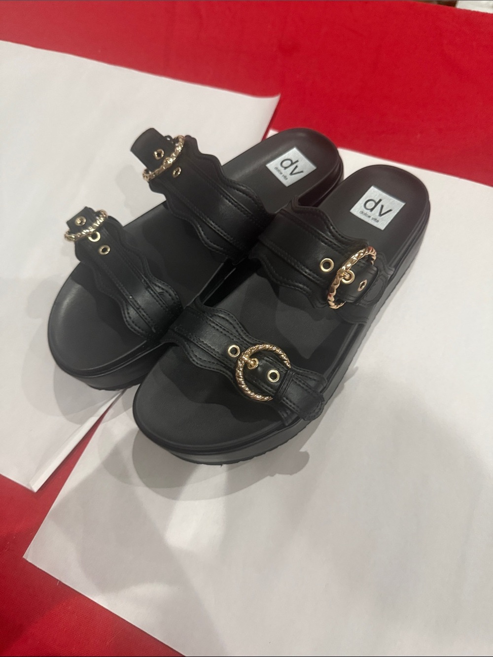 DV by Dolce Vita Black Slide Sandals with Gold Buckle Accents - Picture 2 of 4